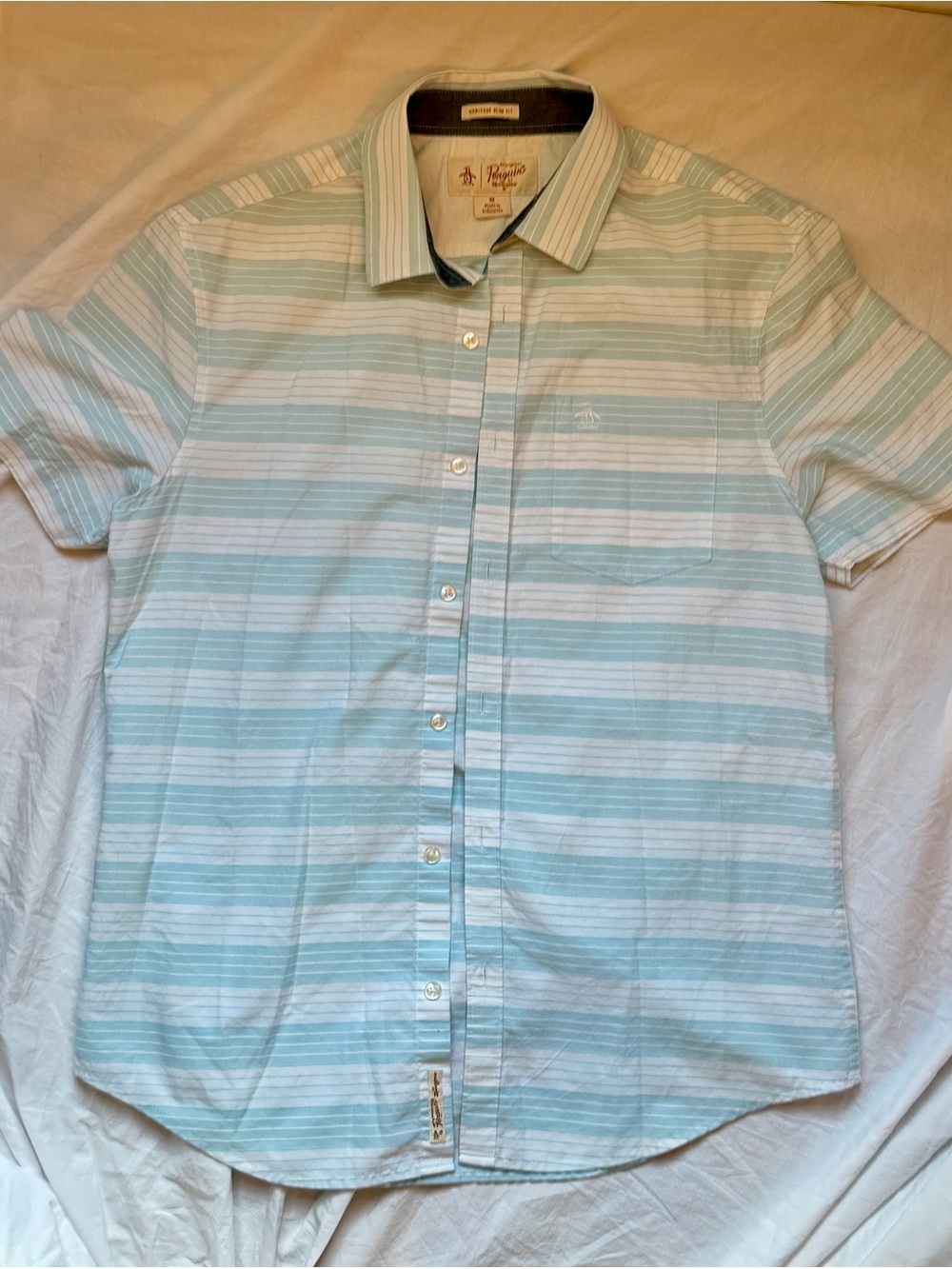 Original Penguin Heritage Slim Fit Blur White Striped Shirt Size Medium EUC